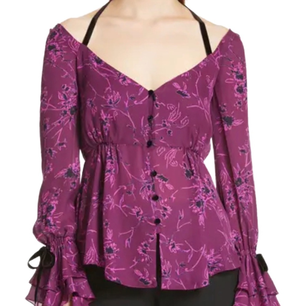 Cinq à Sept Mabel Silk Floral Velvet Tie Front Blouse Raspberry Sz S NWOT